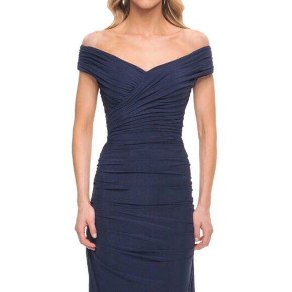 *La Femme* Size 18 - Navy Blue Ruched Off the Shoulder Jersey Column Gown $348 - Picture 1 of 8